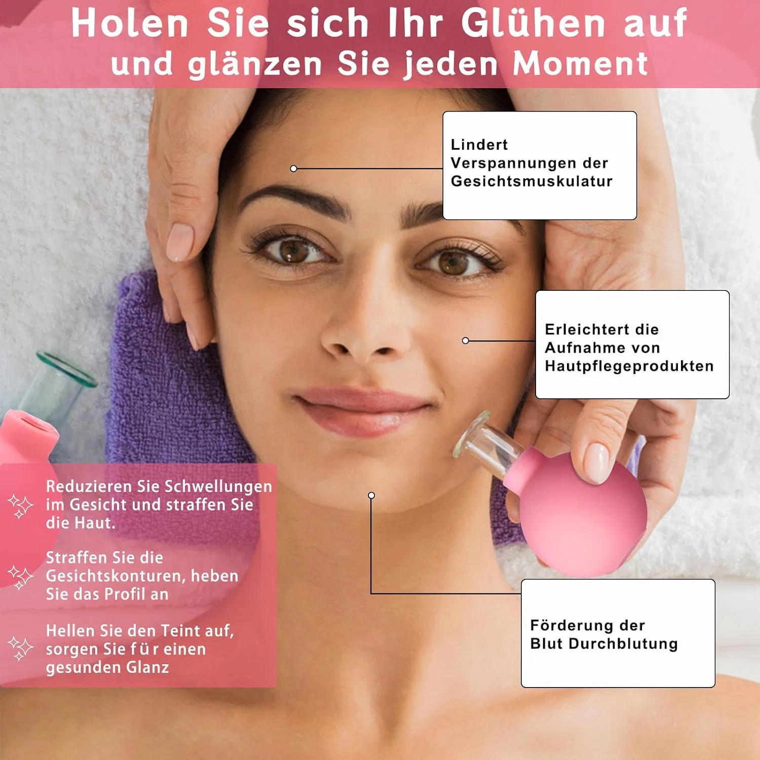 Набор из 4 стеклянных банок для вакуумного массажа лица Helining, Pink — фото 3