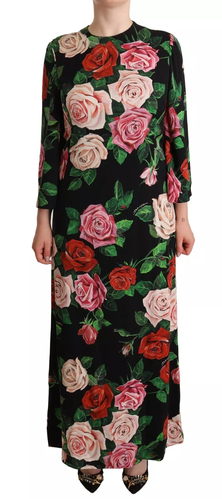 

Черное шелковое длинное платье макси с цветочным принтом Dolce & Gabbana