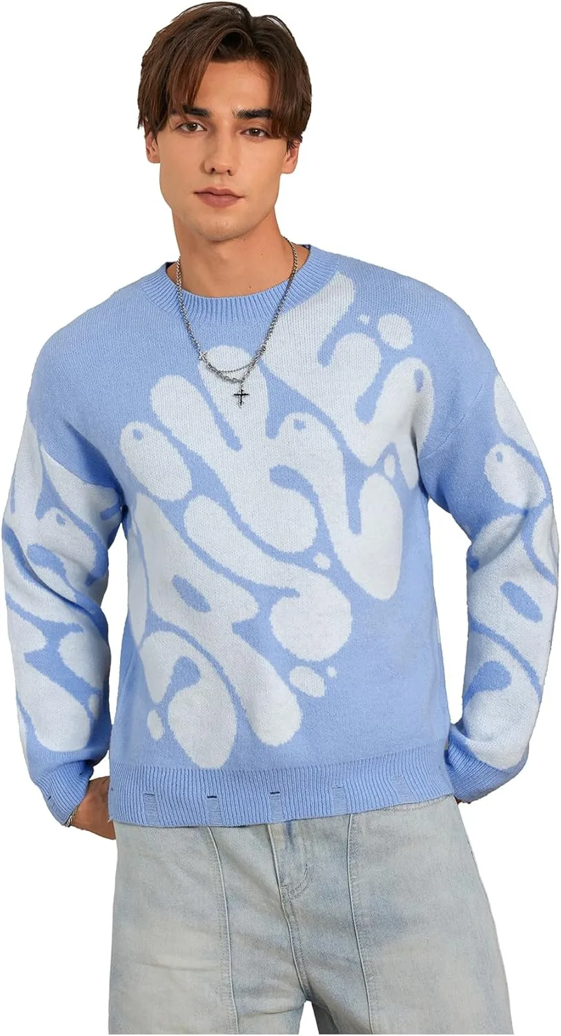 

Мужской свитер с принтом и рваным эффектом, длинный рукав, дроп-плечо RoseSeek