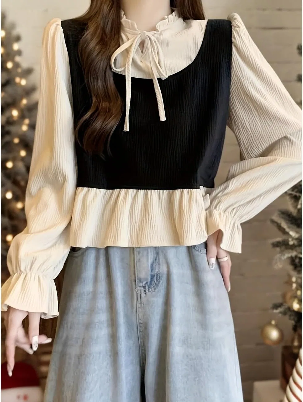 Блуза с фриллами и бантом, Layered Style, черный — фото 4