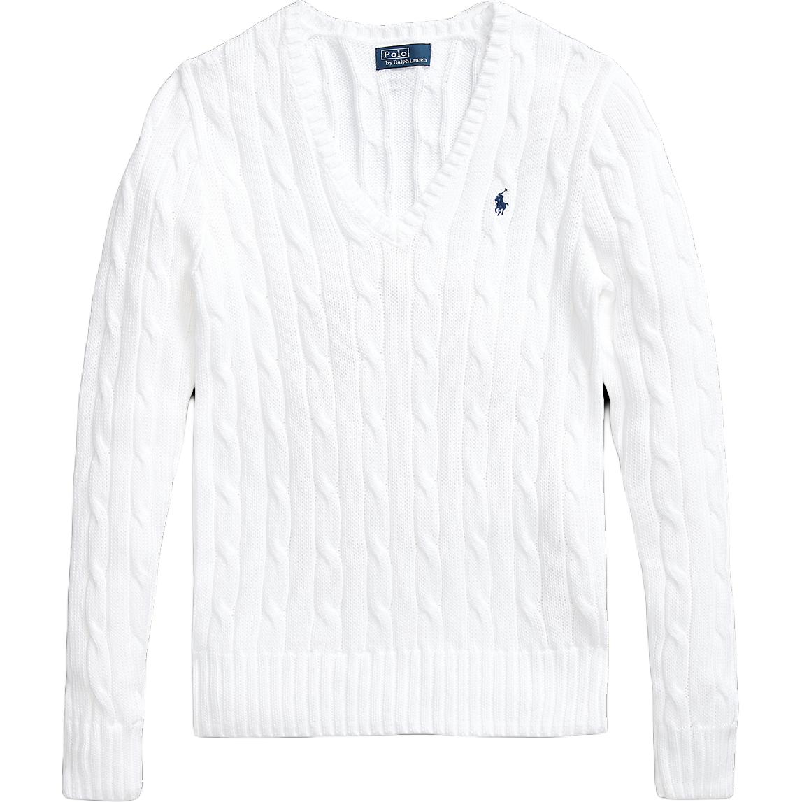 Вязаный кабельным узором хлопковый свитер с V-образным вырезом Women's Polo Ralph Lauren, белый — фото 4