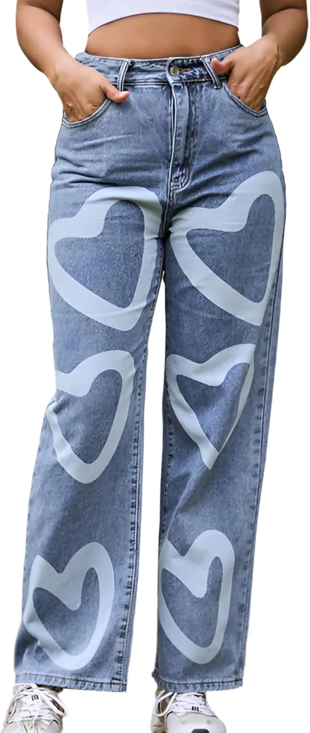 

Женские джинсы casual с принтом в виде сердца, широкие, mid waist, потертые, свободного кроя, прямые TACSTRUN