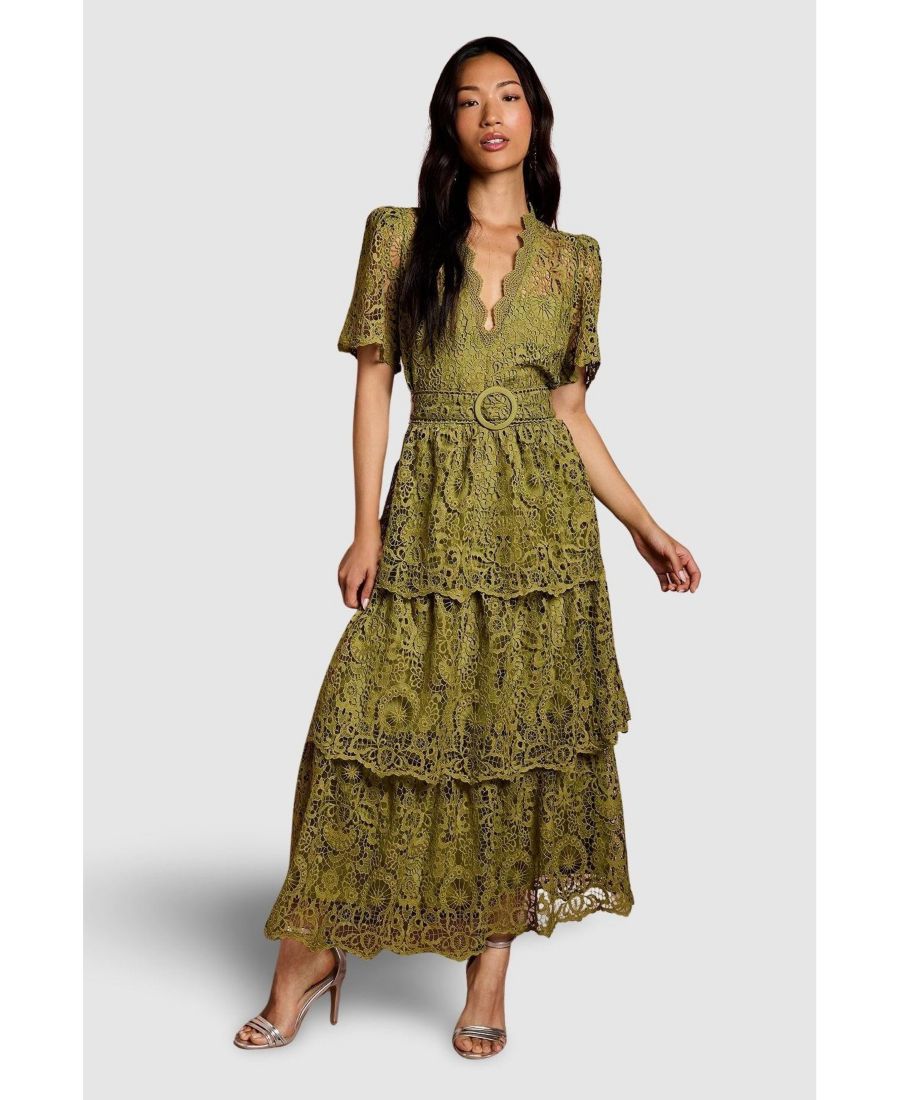 

Женское миди-платье с короткими рукавами и многослойным кружевом Coast, Olive