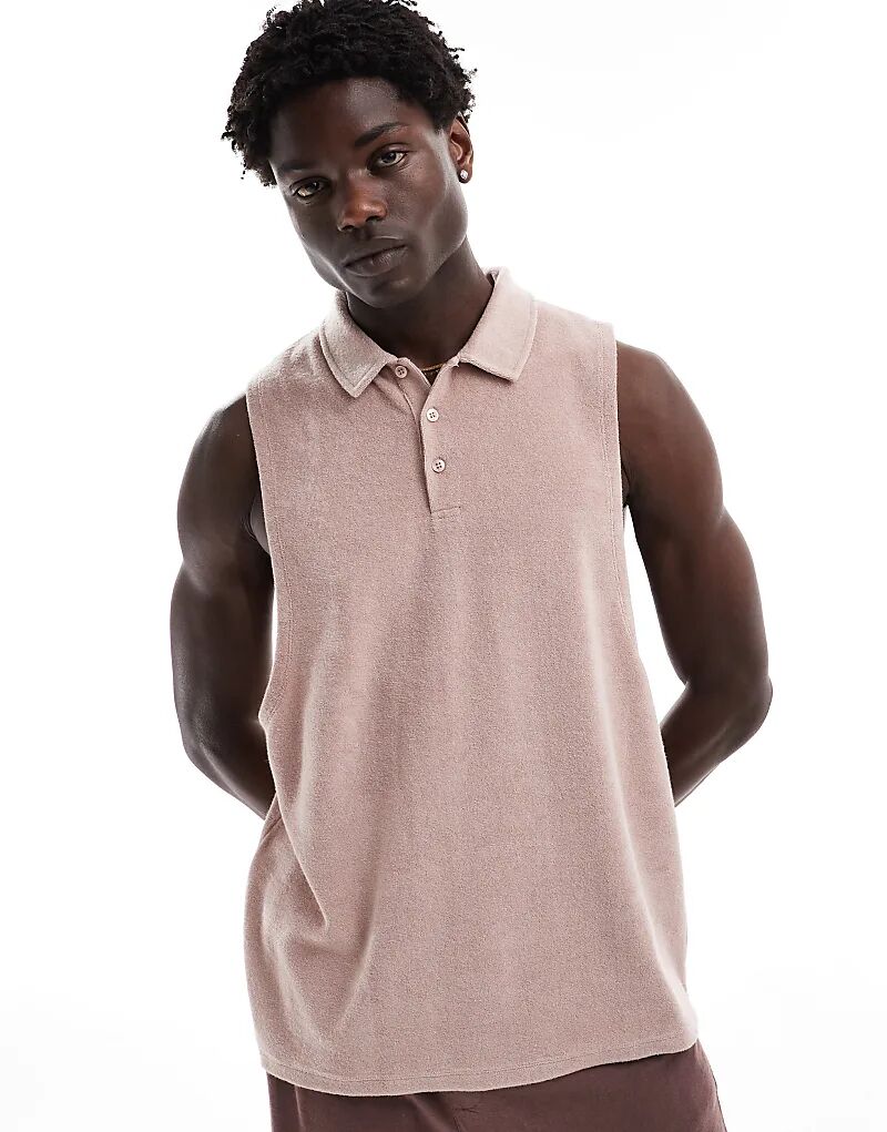 

Свободный топ с воротником-поло из розовой махровой ткани ASOS DESIGN