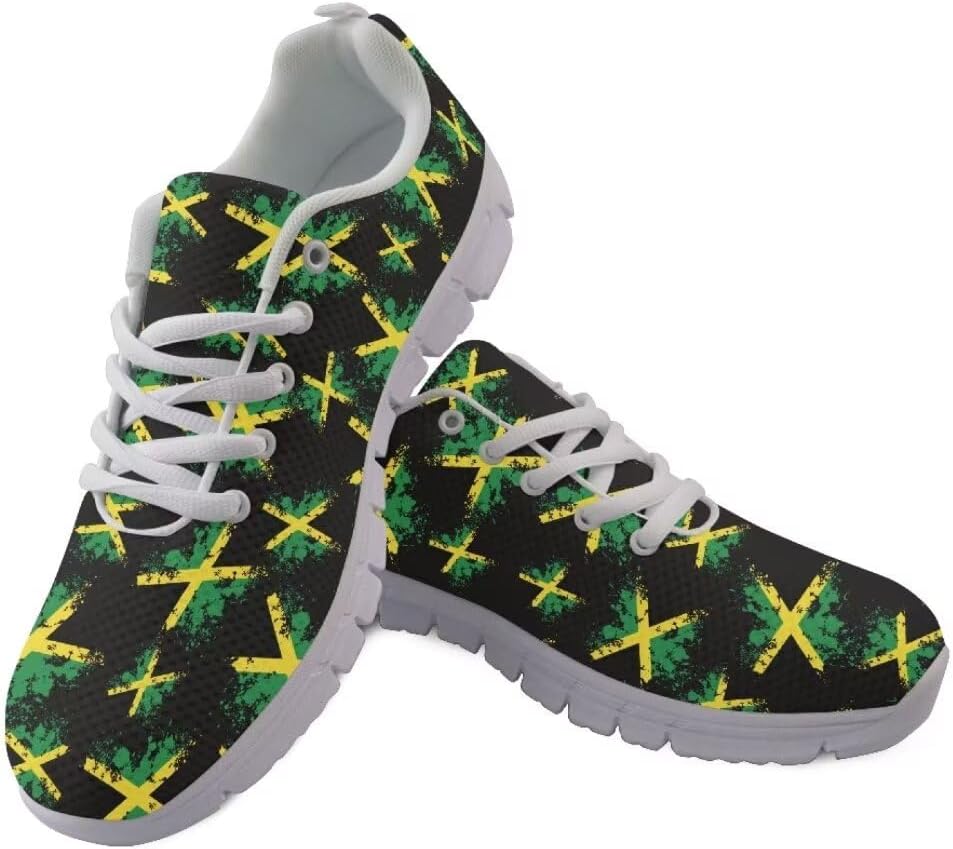 

Женские и мужские кроссовки Jeiento для бега на открытом воздухе, модные теннисные туфли, повседневная обувь для путешествий и ходьбы, плоская обувь с дышащей сеткой для тренировок и повседневного ношения, Jamaican Flag Tie Dye Print