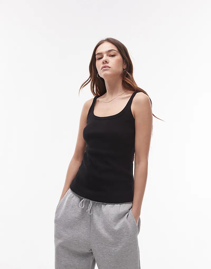 

Узкая майка Topshop с глубоким вырезом и ребристым лифом черного цвета