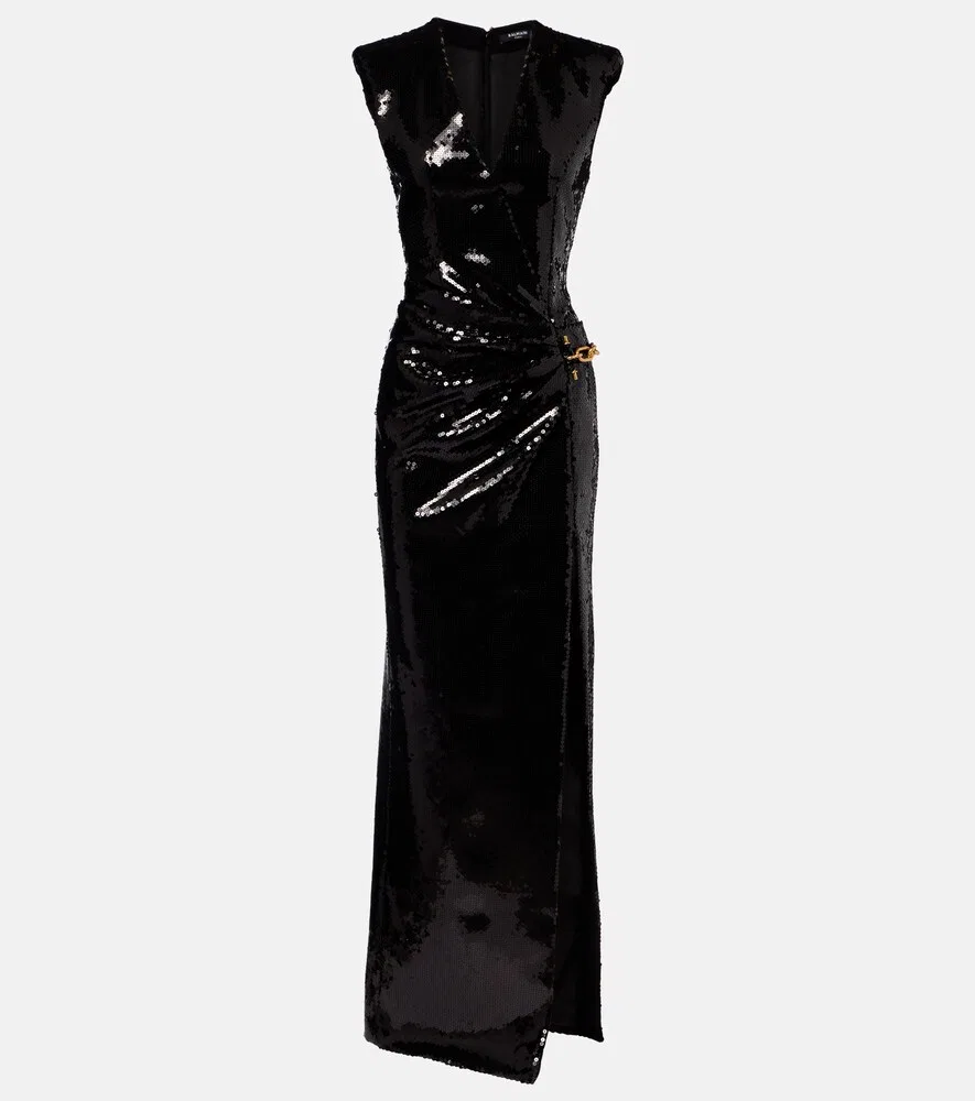 Платье с цепочками и пайетками Balmain, черный