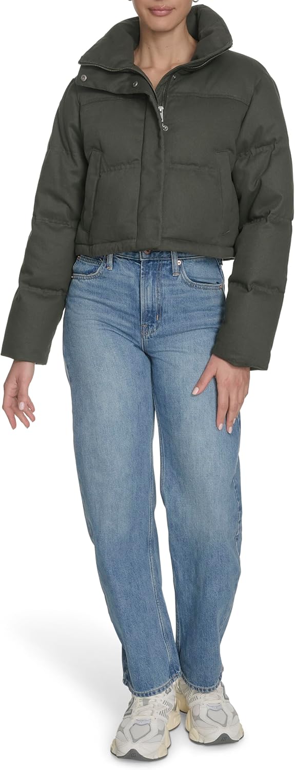 Женский пуховик Levi's укороченный из хлопка, оливковый — фото 2