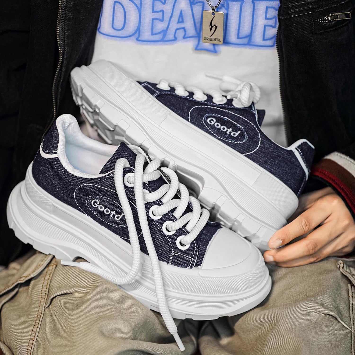 Мужские туфли с толстой подошвой, удобные ортопедические кроссовки с клином, модные вязаные дышащие шнуровки, не скользящая подошва, повседневные беговые кроссовки с функцией поддержки свода стопы Houdbdol, синий — фото 2