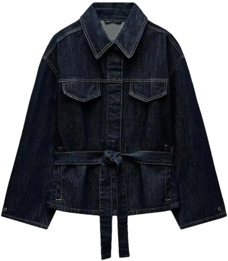 Женский джинсовый костюм с лацканами и поясом, полиэстер, Jacket