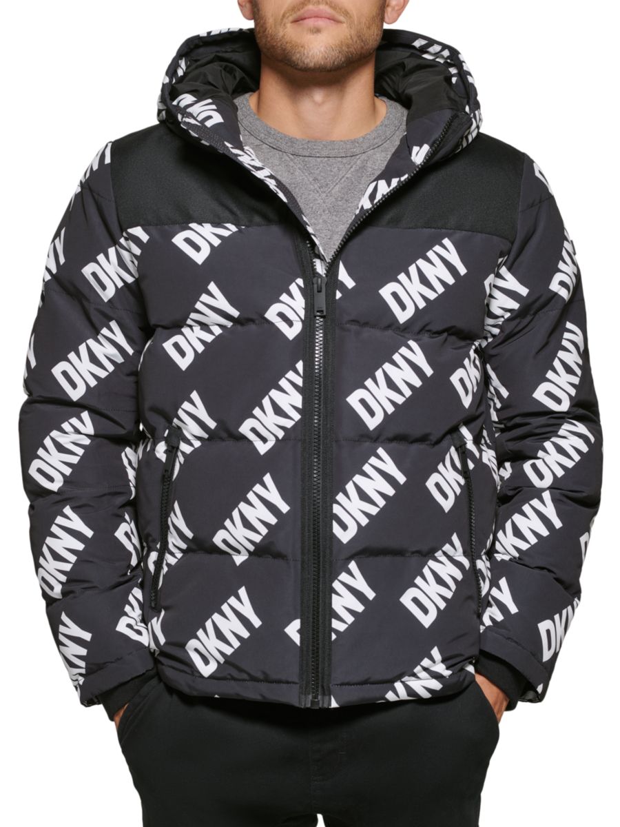 

Классический крой, пуховик с капюшоном и логотипом DKNY, черный/белый