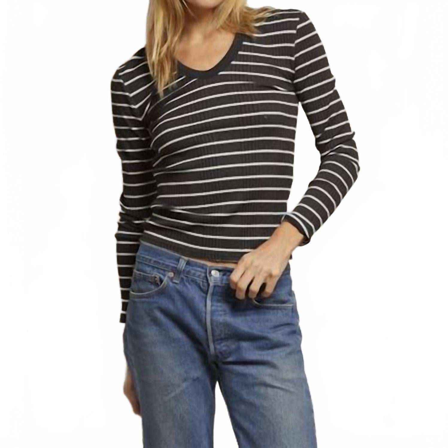 

Футболка Robyn Luxe Rib U-образного выреза с длинными рукавами, черная/сахарная полоска Perfectwhitetee, Black/Sugar Stripe