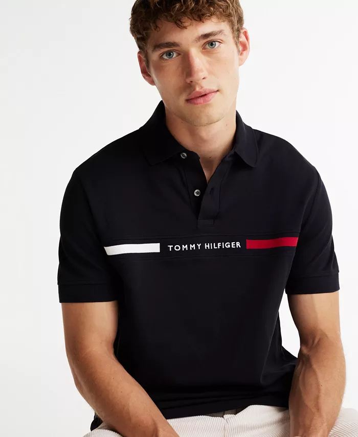 Мужская поло с коротким рукавом и вышитой полосой на груди Tommy Hilfiger, синий — фото 3