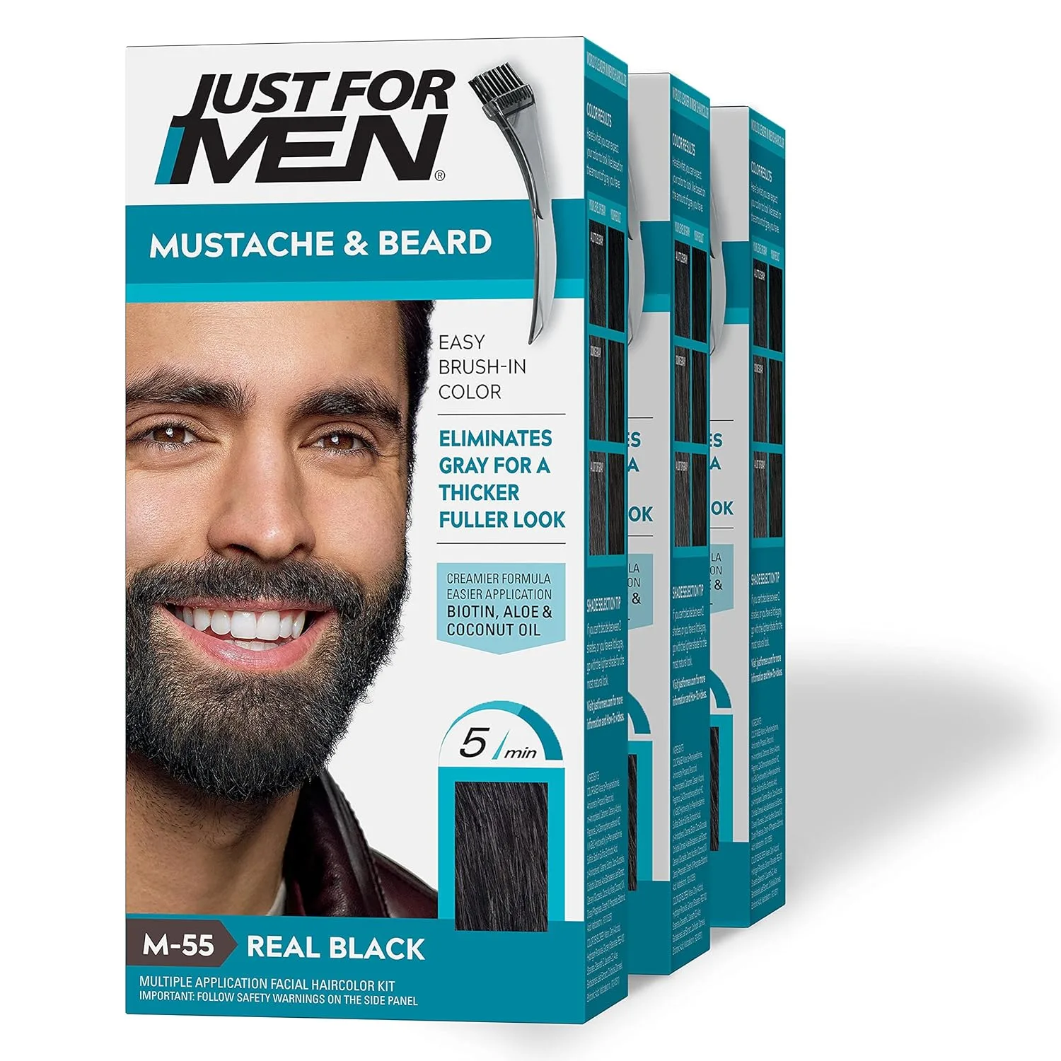 Краска для усов и бороды Just For Men с кисточкой в ​​комплекте, шампунь Control GX для уменьшения седины, постепенное окрашивание волос для более сильных и здоровых волос. 1 шт. (3 шт.), Real Black M-55 — фото 2