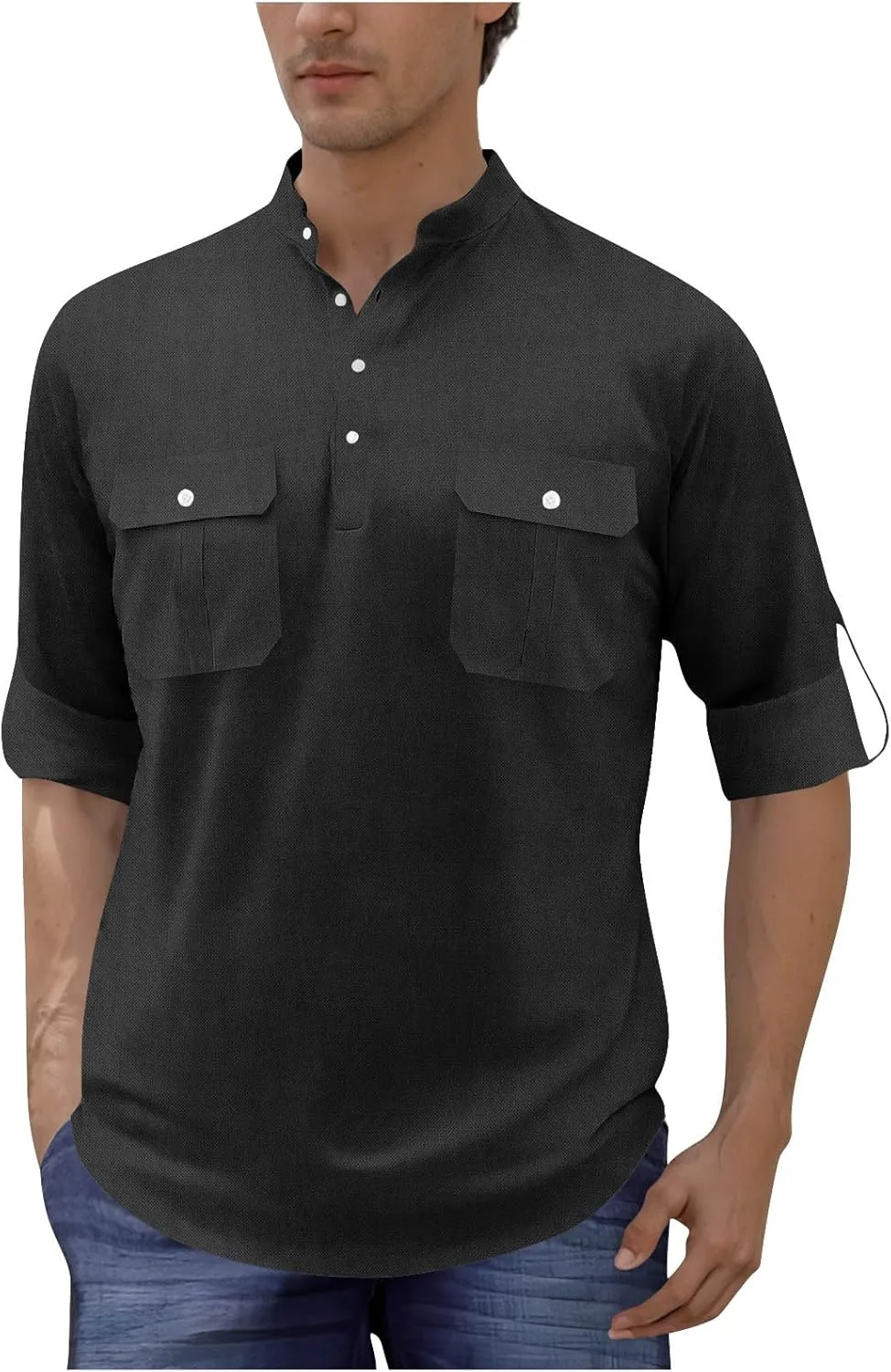 

Мужская рубашка-поло с воротником-стойкой из льна, короткий рукав, с нагрудным карманом Cambkatl