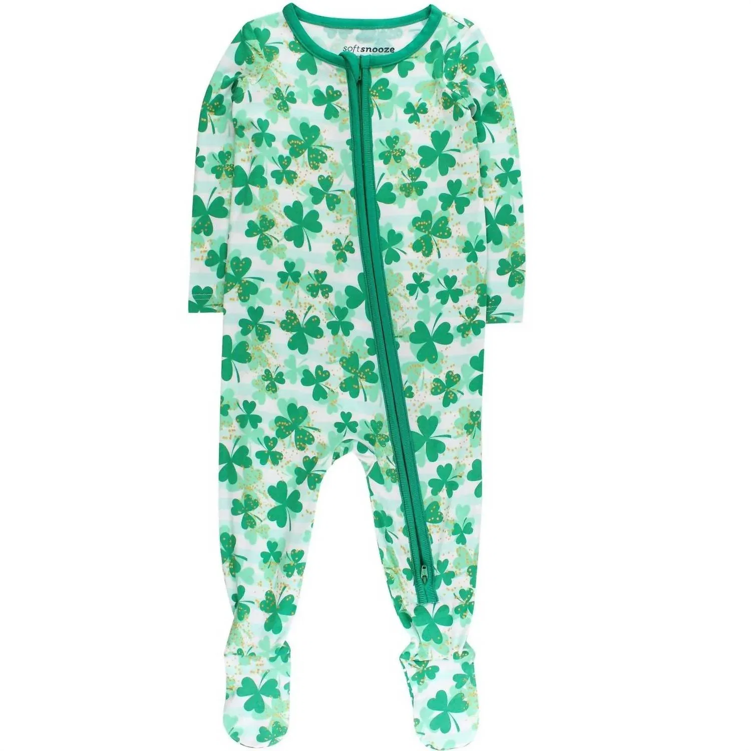 RuffleButts Детская пижама Bamboo Clover Field с закрытыми ступнями, зеленая