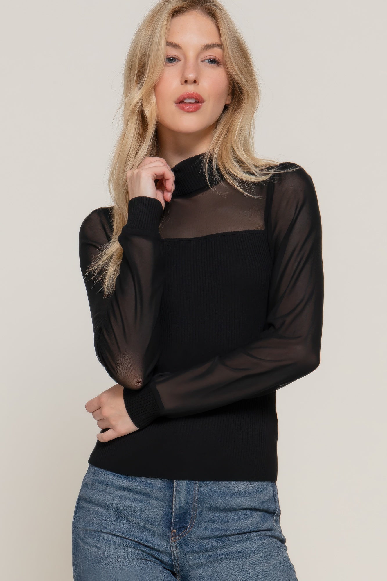 

FASHNZFAB Женский длинный свитер с сетчатыми вставками и топом, черный