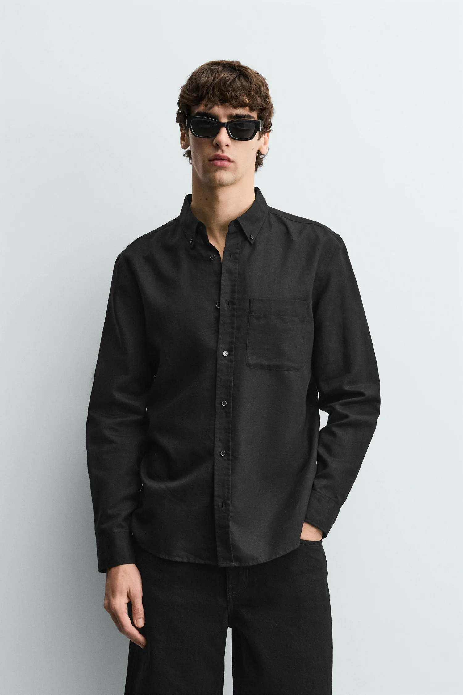 Рубашка из льна и хлопка, стандартного кроя Zara, черный — фото 2
