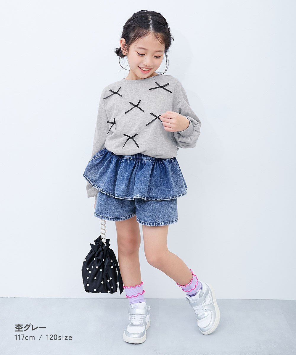 Детская футболка с длинными рукавами и закругленным низом Tokimeki Ribbon Round Hem Long Sleeve T-Shirt для девочек, размер 26SS Devirock, Heather Gray — фото 3