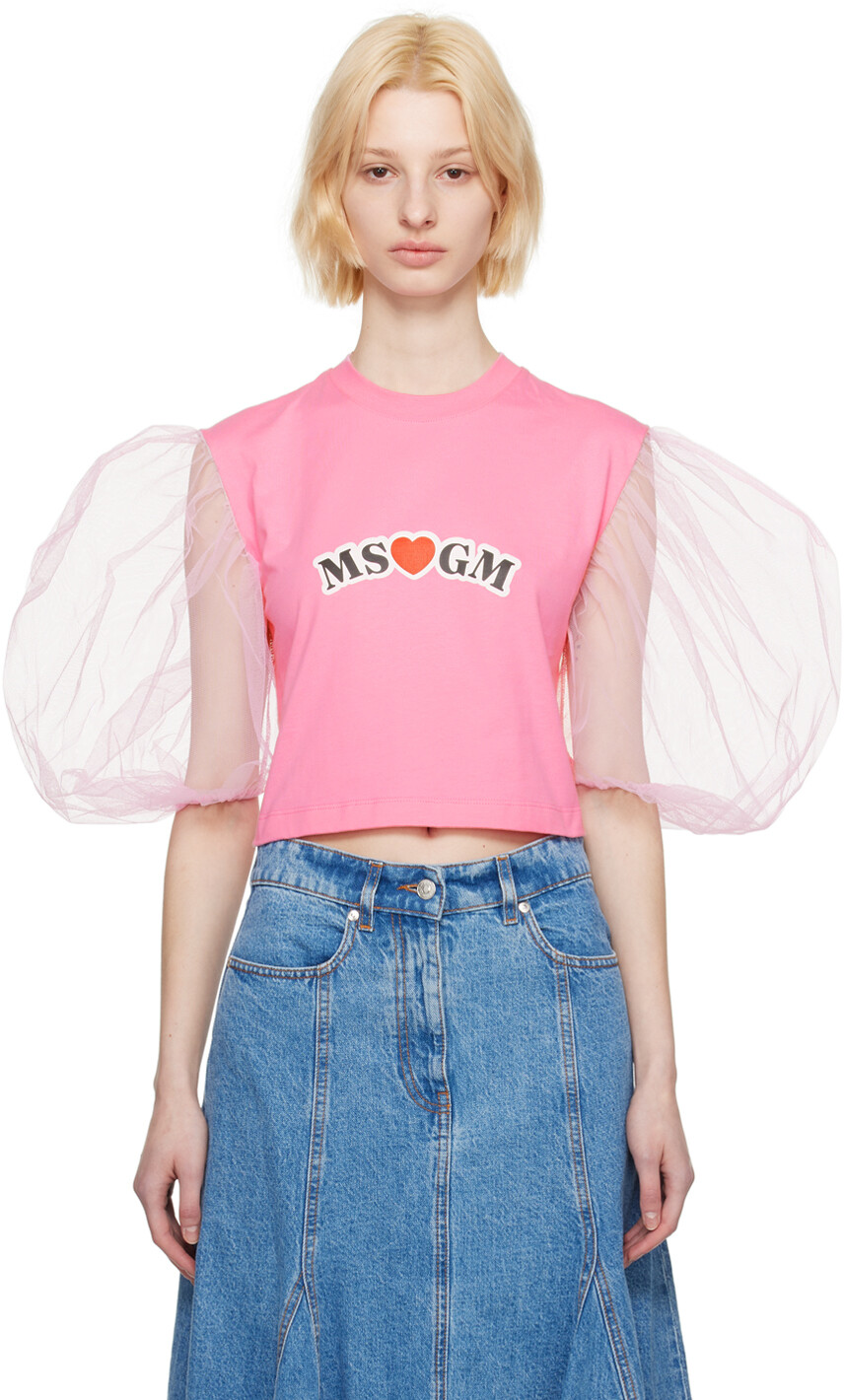 

Розовая футболка с объемными рукавами MSGM, Розовый;коричневый, Розовая футболка с объемными рукавами MSGM