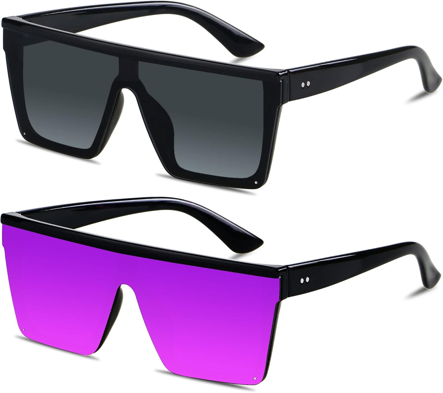 

Солнцезащитные очки LYZOIT квадратной формы большого размера для женщин и мужчин, с плоской верхней частью, модные, с большой защитой от УФ-излучения, без оправы, (2pack) Glossy Black + Purple