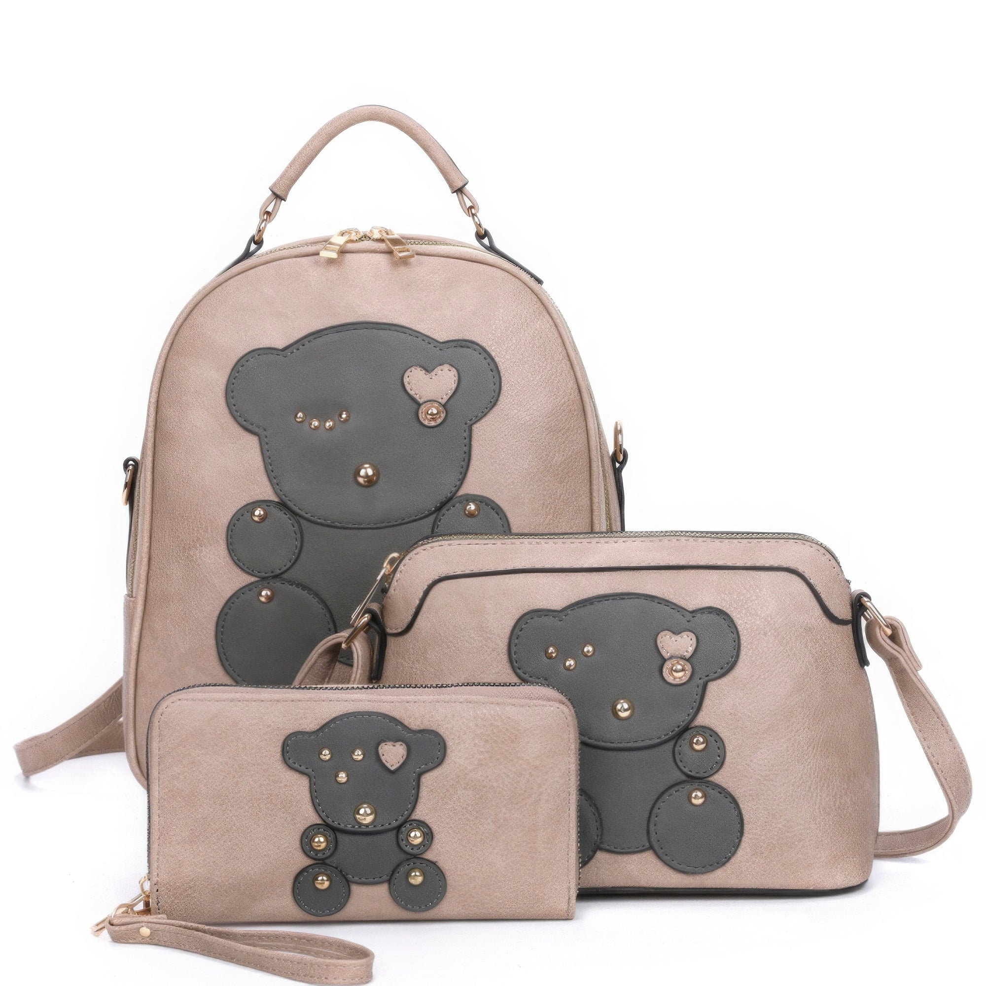 

FASHNZFAB женский рюкзак 3 в 1 с милым дизайном медведя, сумка через плечо и кошелек в комплекте, цвет stone