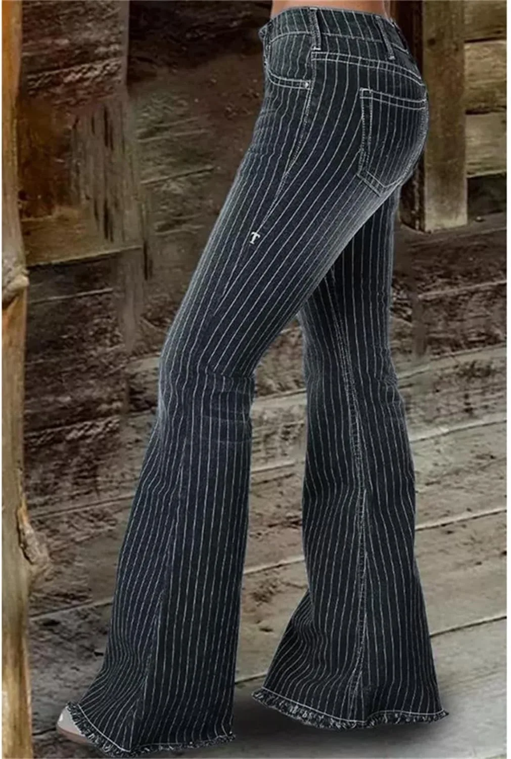 Andongnywell женские джинсы-клеш high waist полосатые bell jeans классические wide legs деним штаны ретро high rise flare pants — фото 3