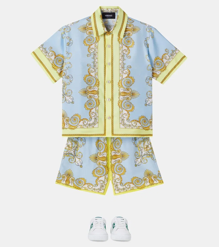 Шелковые шорты в стиле барокко Versace Kids, синий — фото 2