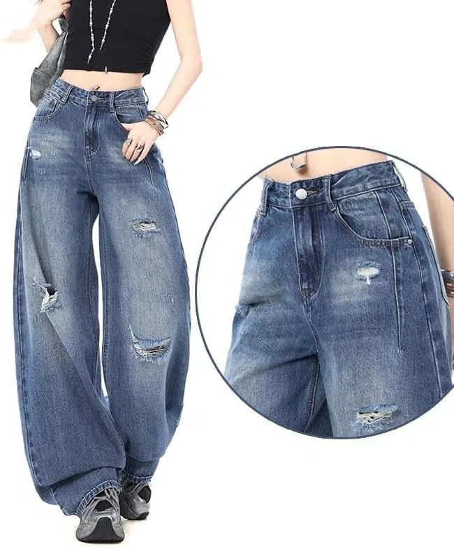 Джинсы Womens Distressed Ripped Boyfriend Jeans Hollow Out Wide Leg Denim Pants Casual Loose Trousers, 7 — фото 3