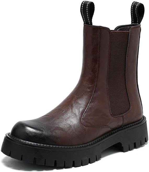 

Мужские кожаные ботинки челси на платформе с протекторной подошвой, массивным каблуком, броги, вечерние ботильоны с округлым носком, ретро, на молнии, оксфорды Proptmina, Vintage Claret