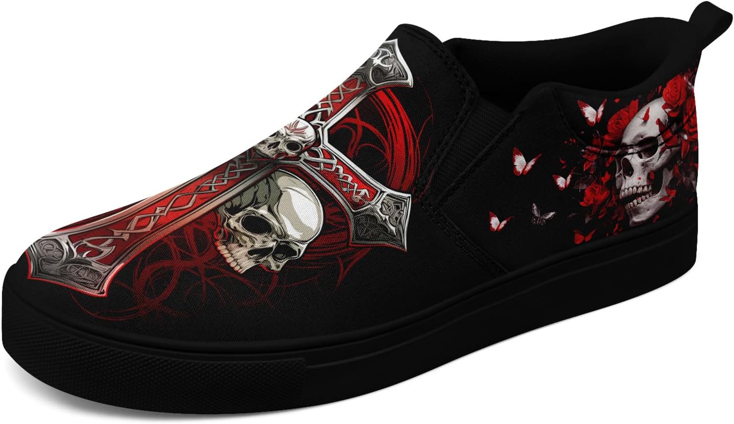 

Женские готические кеды с черепом coolcustomize, слипоны, эластичный текстиль, повседневные лоферы, рок и панк, низкие кеды для ходьбы, мужские, Red-silver-b