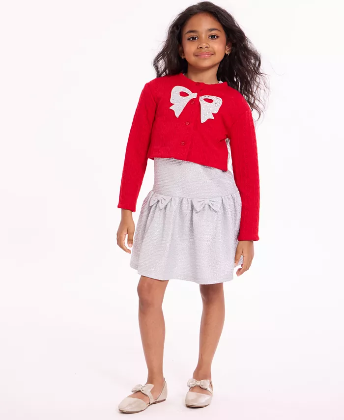 

Детский набор для девочек 2T-6X: платье из фольгированного трикотажа и кардиган с бантом Bonnie Jean, серый