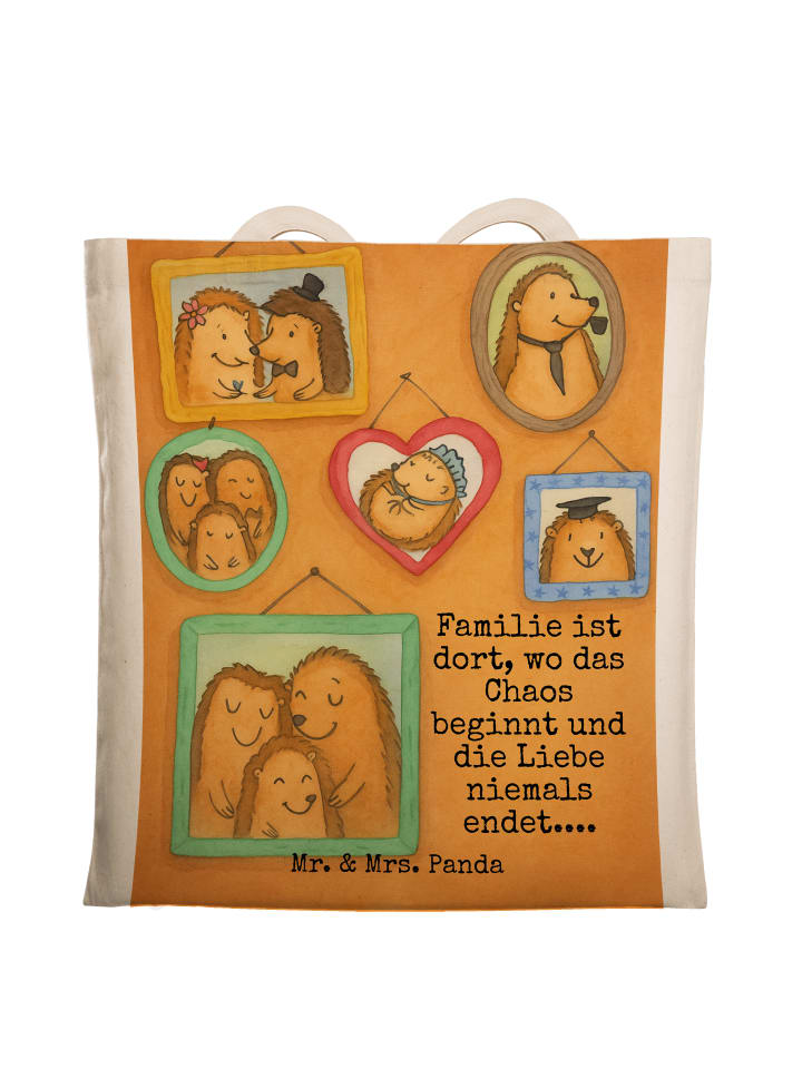 

Mr. & Mrs. Panda Джутовая сумка с изображением семейства ежиков и надписью белого цвета