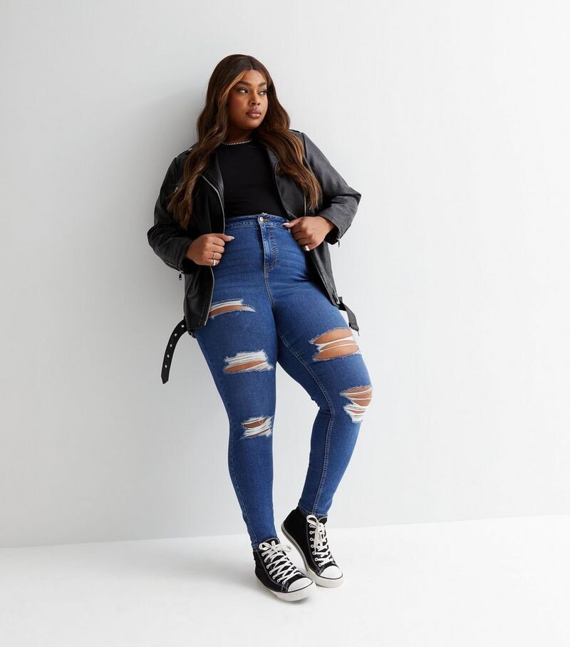 

Синие джинсы скинни Amie со средней посадкой и рваными краями Curves New Look, синий