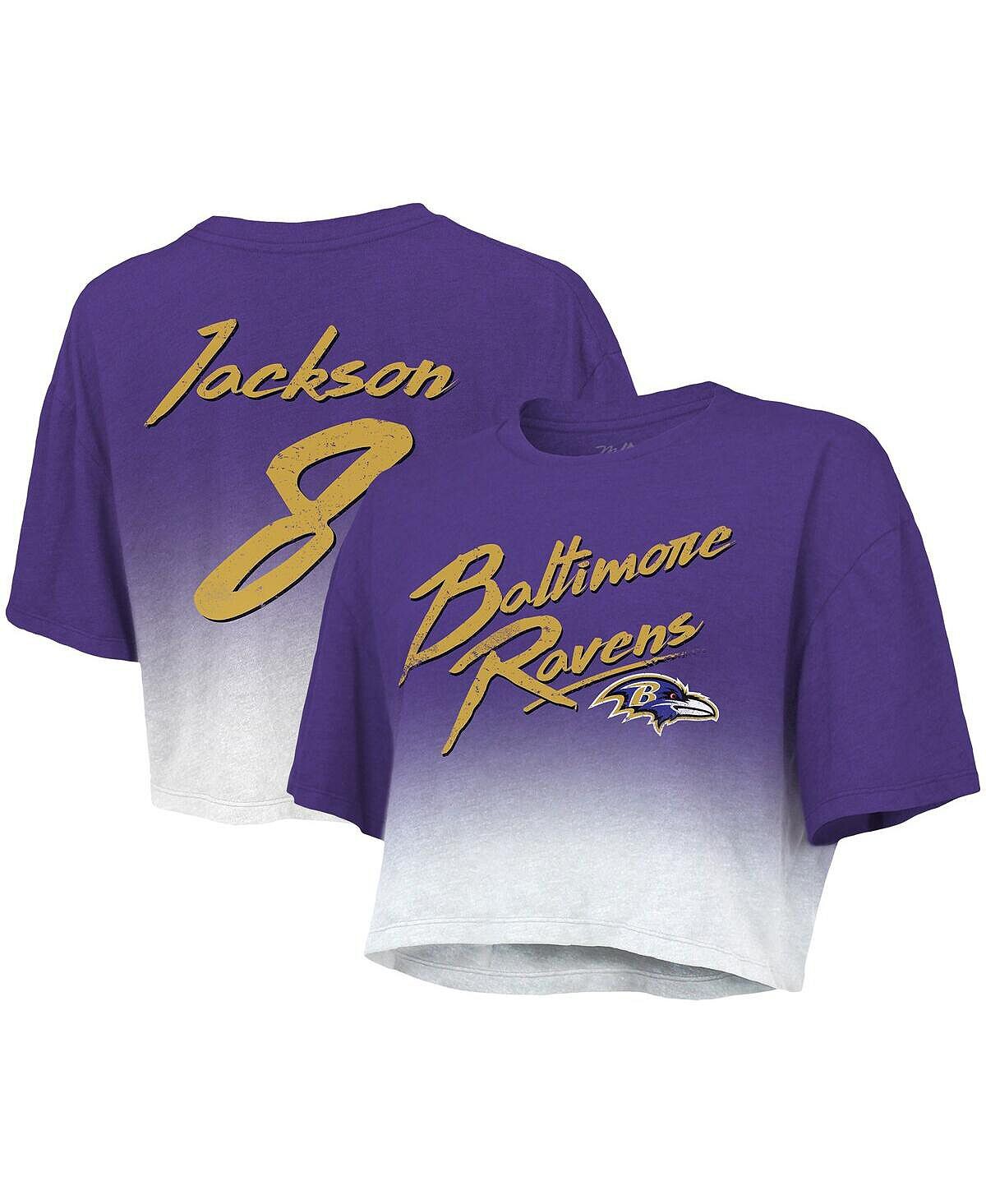 

Женские нитки Lamar Jackson Фиолетовый, белый Baltimore Ravens Drip-Dye Футболка с именем и номером игрока Tri-Blend Majestic