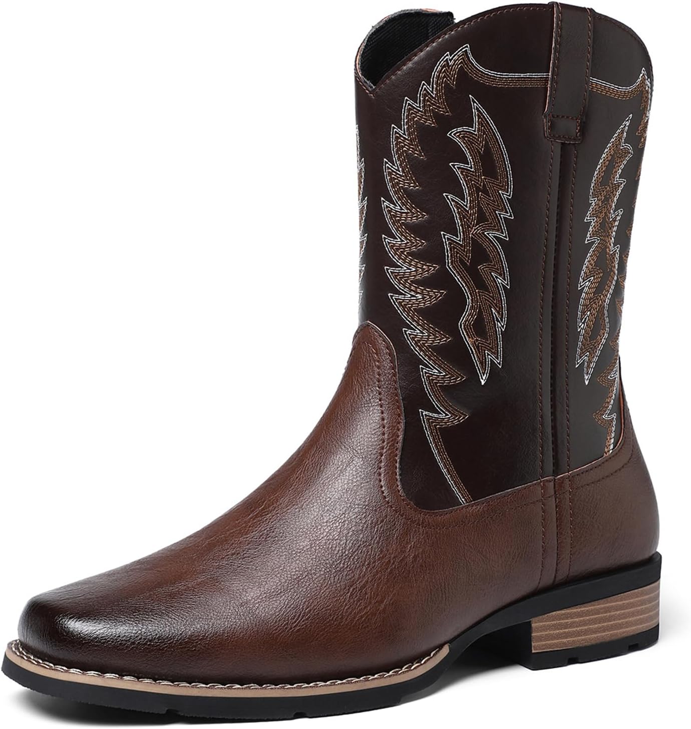 

Мужские ковбойские сапоги Abborora Mens с квадратным носком, классической вышивкой, вестерн-стиль, противоскользящие и прочные, темно-коричневый