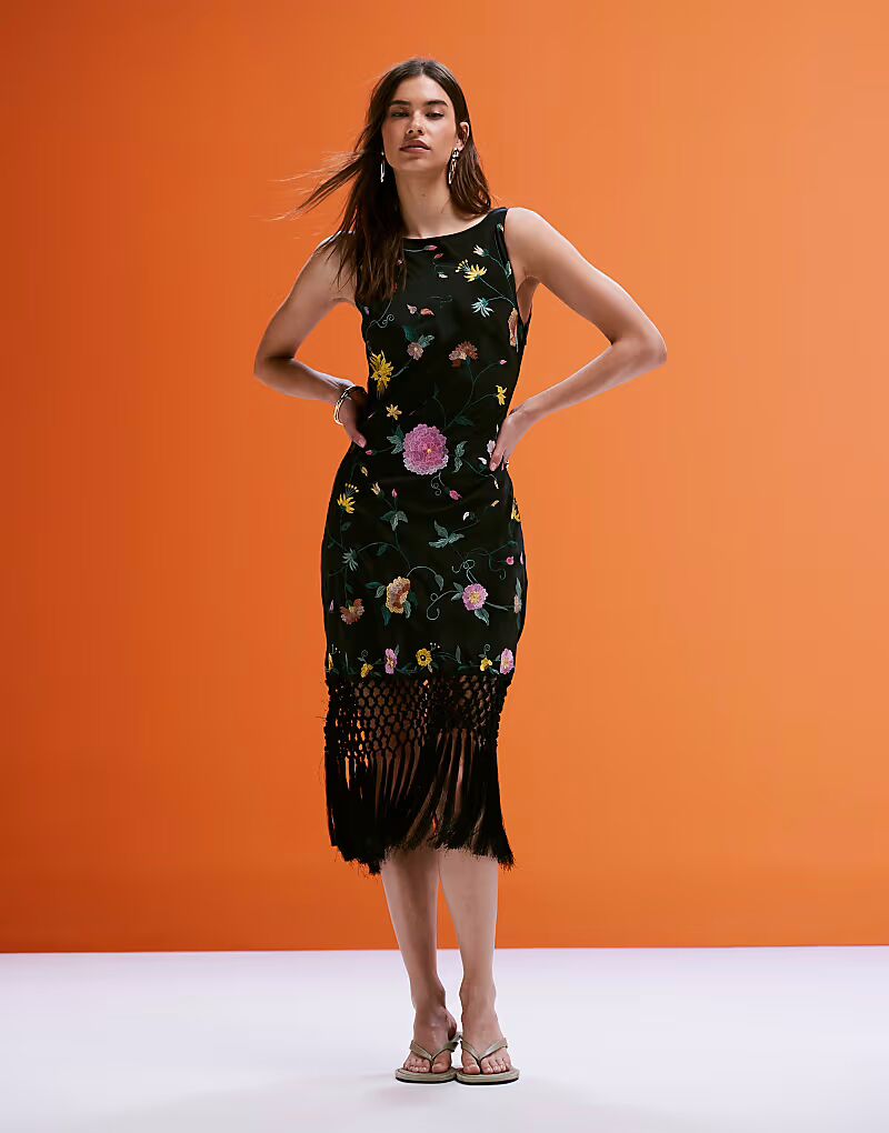 

Мини-платье ASOS DESIGN с вышивкой по всей поверхности и бахромой по низу черного цвета