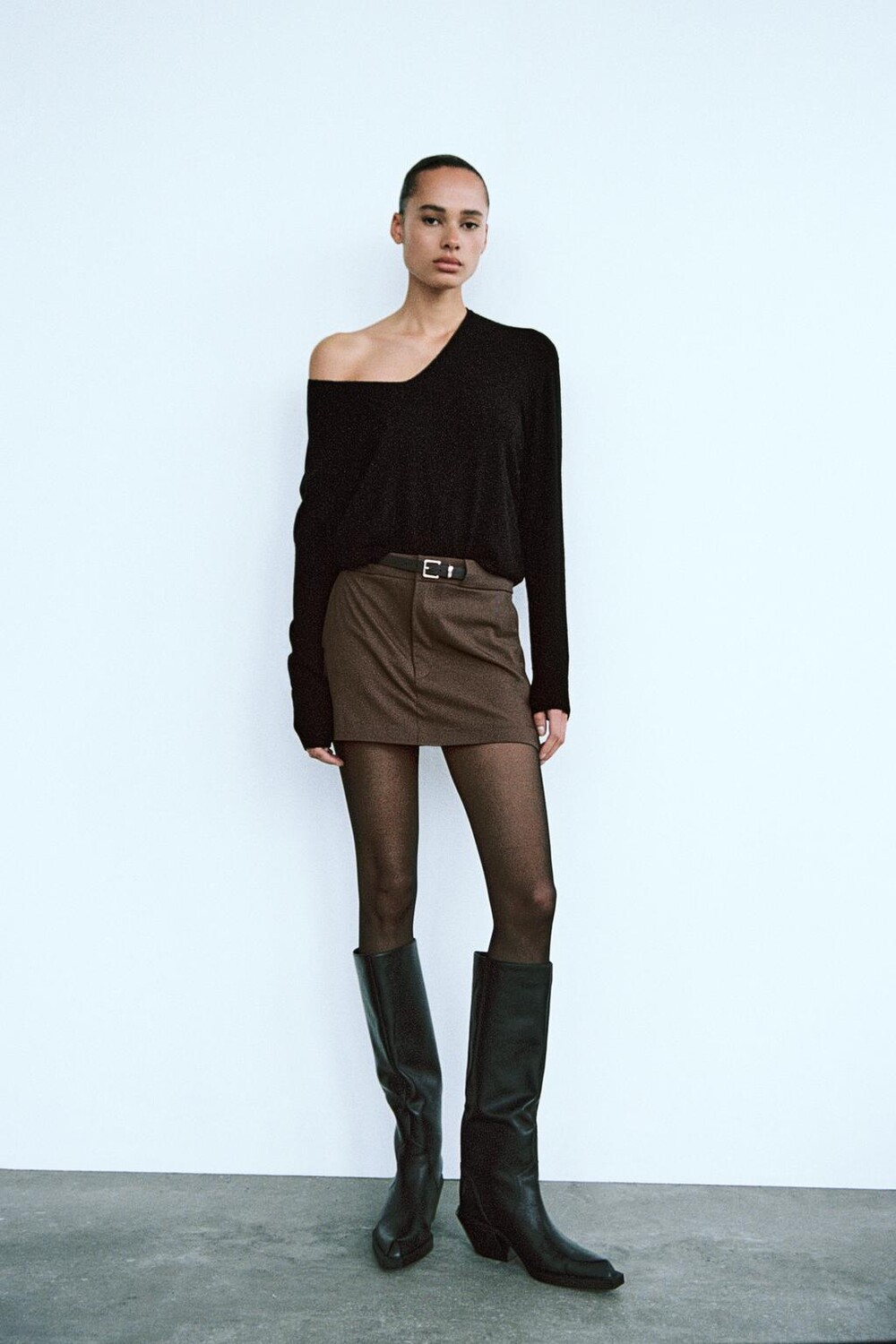 

Юбка с поясом ZARA, темно-коричневый
