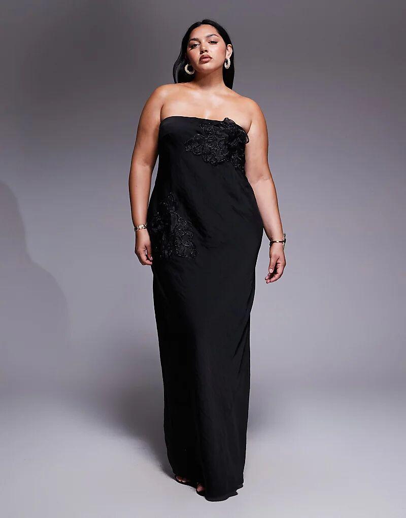 

Платье-бандо Curve с цветочной аппликацией ASOS DESIGN мидакси черного цвета