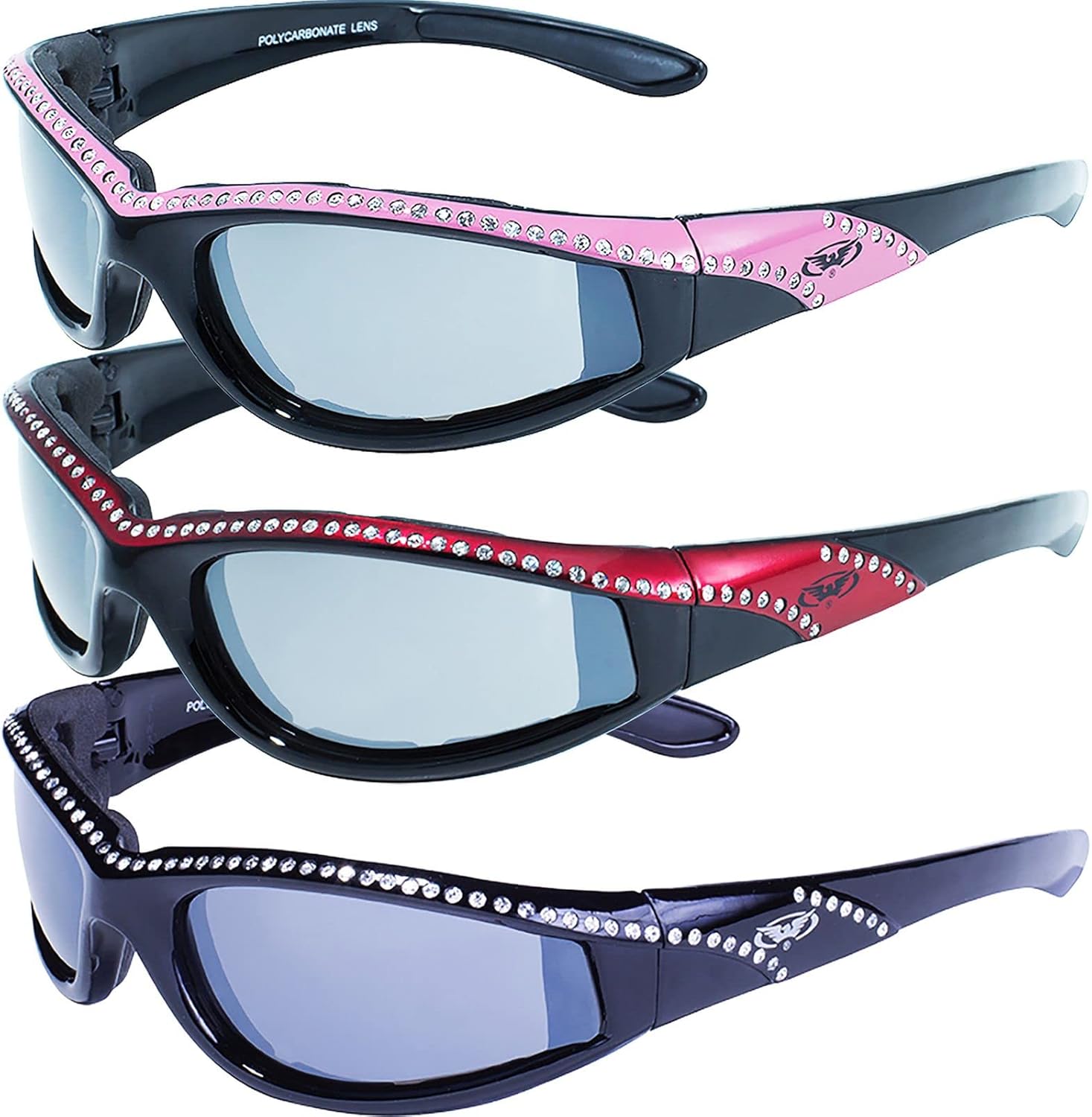 

3 пары очков Global Vision Eyewear Marilyn 11 Женские солнцезащитные очки в стиле мотоциклетных очков с блестками, черные оправы с розово-красно-черными глянцевыми полосами и зеркальными линзами, Smoke