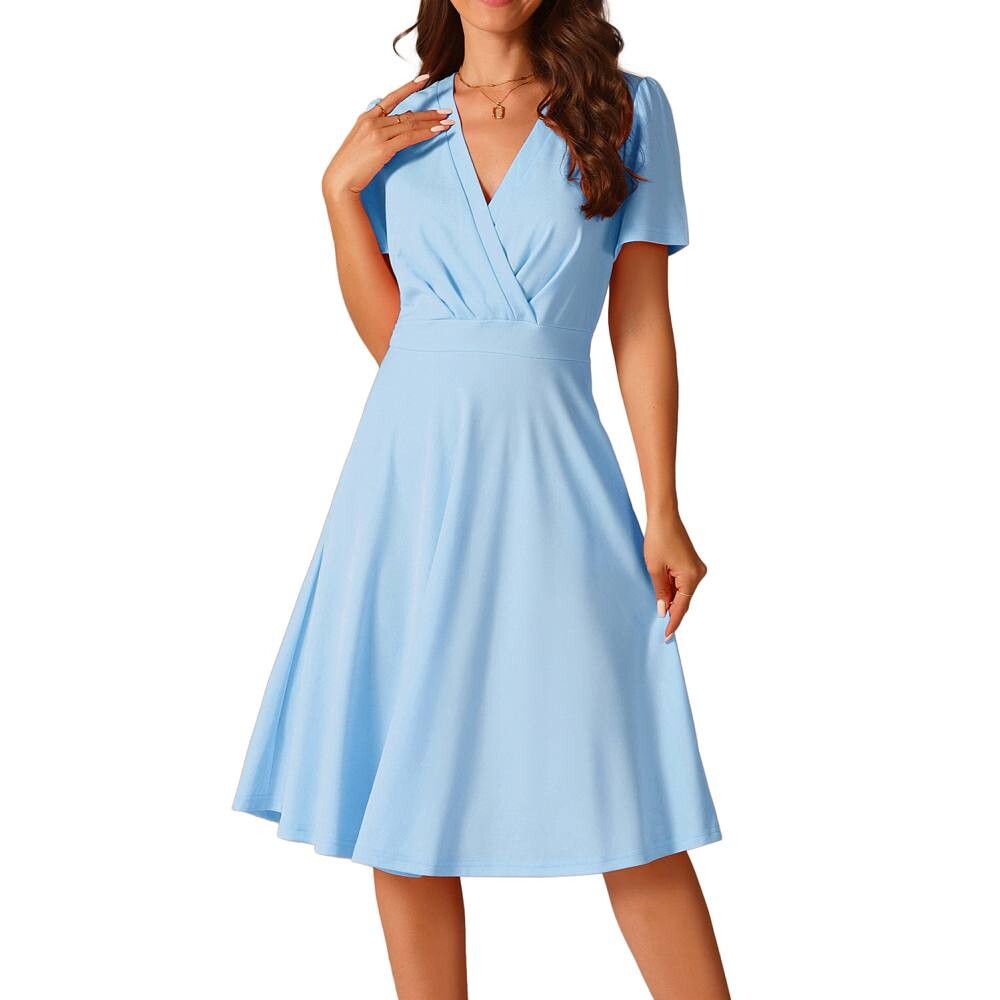 

Женское летнее свободное платье миди с запахом и V-образным вырезом, пышным коротким рукавом и карманами Seta T, цвет Sky Blue