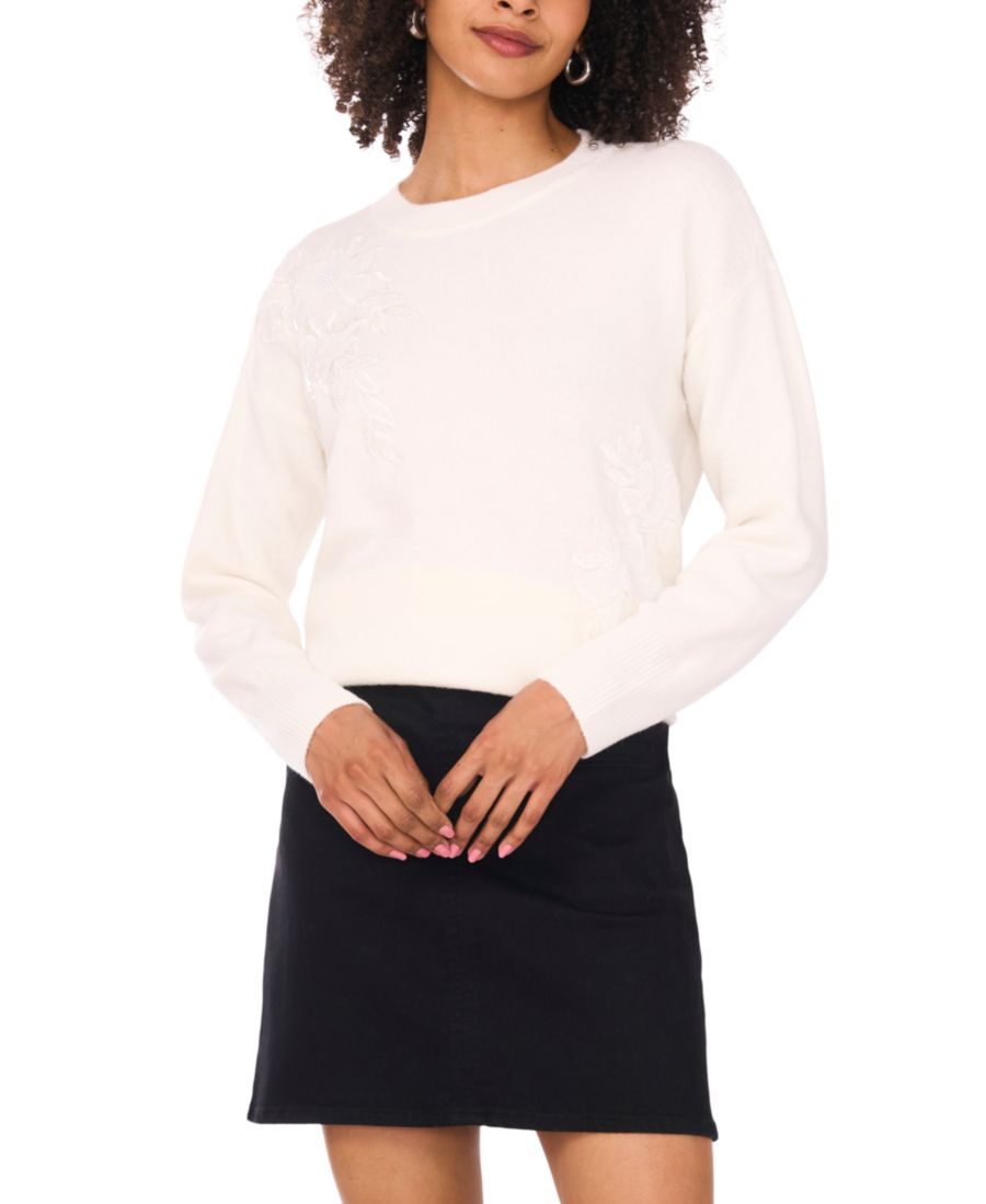 

Женский свитер с круглым вырезом, украшенный пайетками и цветочным принтом, с длинными рукавами Vince Camuto, New Ivory