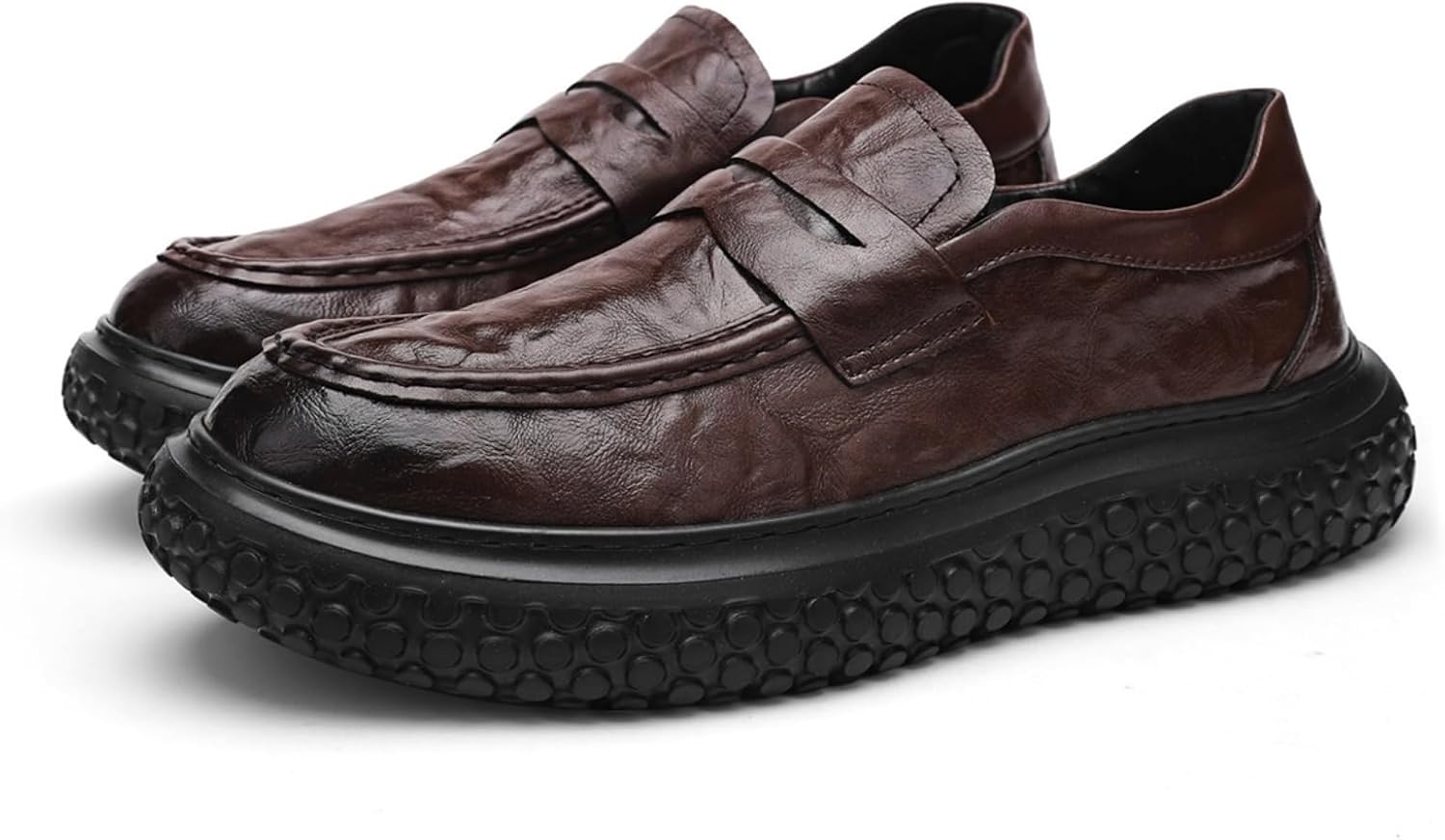 

Мужские кожаные лоферы без шнурков с рифленой резиновой подошвой - удобная повседневная и деловая обувь в ретро-стиле для ежедневного ношения (черный/коричневый) Kelibasi