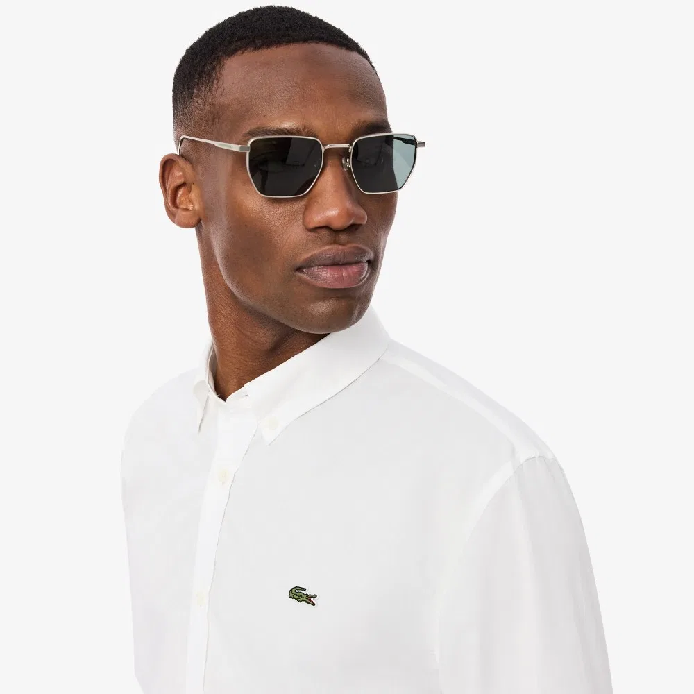 Мужская лёгкая поплиновая рубашка с длинным рукавом белая от Lacoste — фото 2