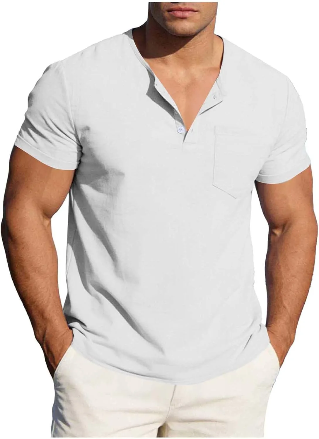 

Мужская футболка-поло Henley летняя свободного кроя из хлопка и льна с коротким рукавом и карманом