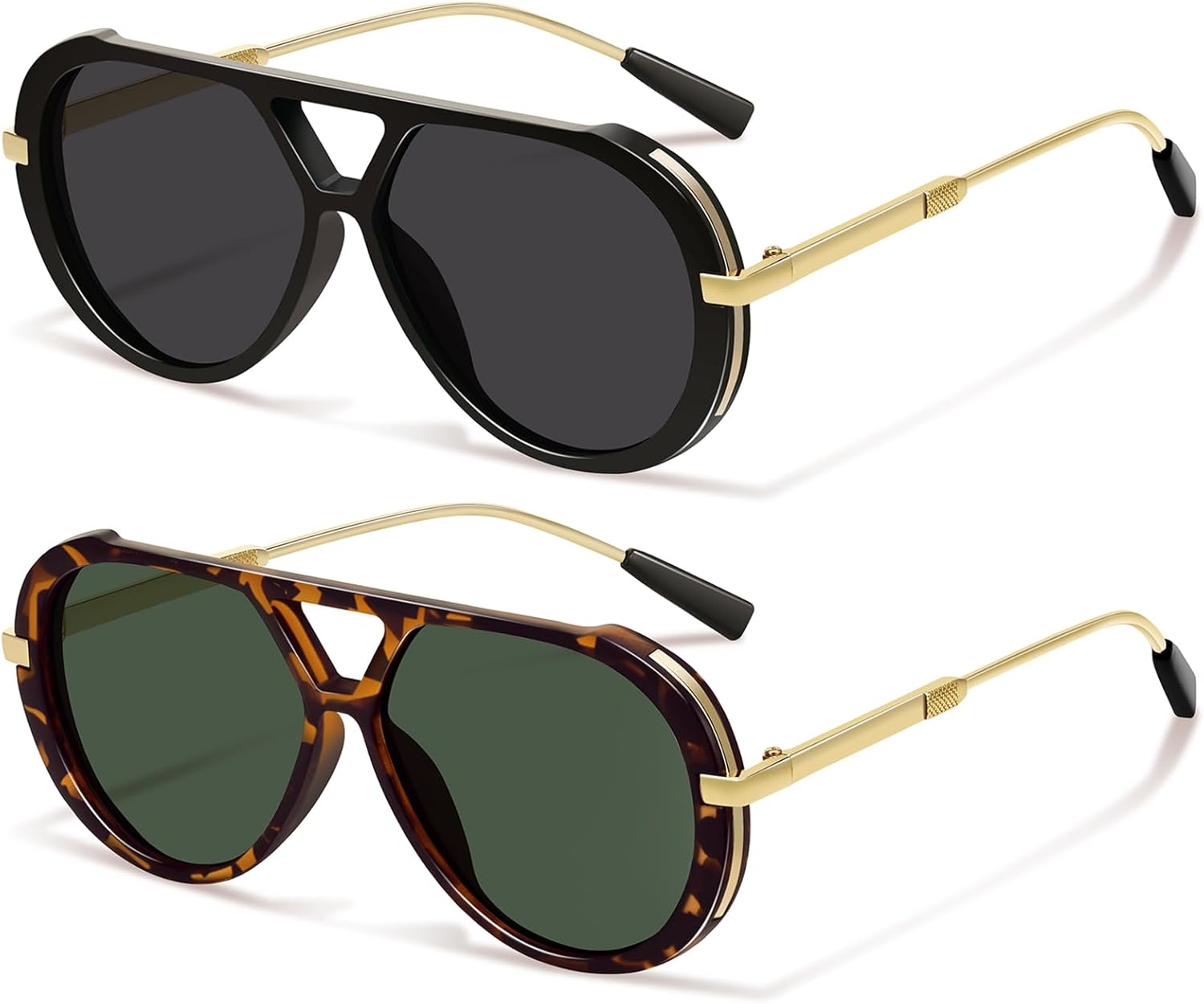 

Ретро-солнцезащитные очки-авиаторы золотистого цвета для женщин и мужчин, большая оправа, модный винтажный стиль 70-х, защита от УФ-излучения YMRFW, 2pack (Black/Gray+tortoise/Dark Green)