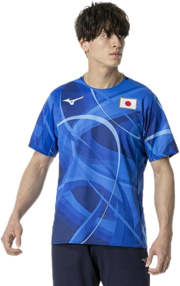 

Оригинальная тренировочная футболка Mizuno Dry Aeroflow, с коротким рукавом, логотипом Японии, графикой MUGEN, вдохновленной игроками, 32MABPA2, синий