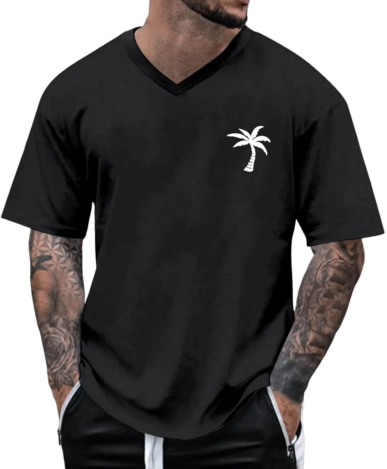 

Мужская футболка с V-образным вырезом Heavyweight, принт Palm Tree, Big and Tall, хлопок, дышащая, эффект Acid Wash