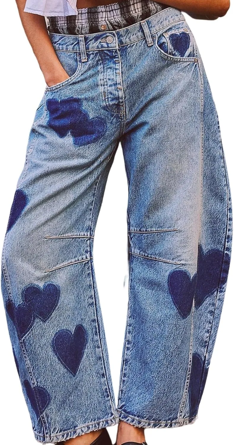 

Perbai женские джинсы Mid Rise Barrel с принтом в виде сердца, винтажные широкие брюки-клеш