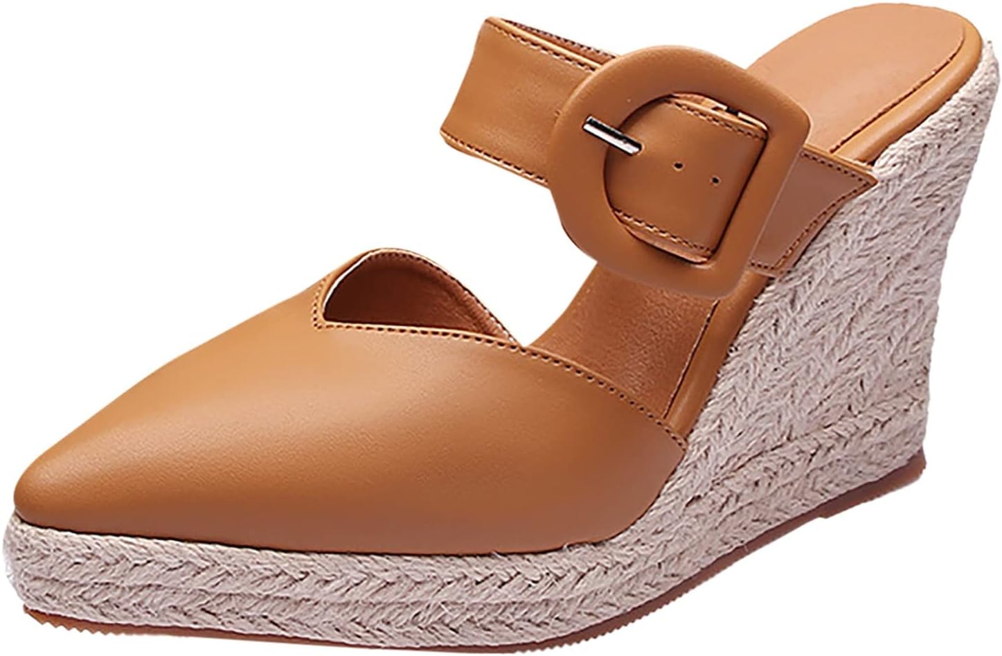 

Женские летние шлепанцы на толстой подошве с танкеткой, плетеные из соломы, повседневные заостренные «рыбацкие» туфли, мужские кожаные обувь с открытым носком Generic, коричневый